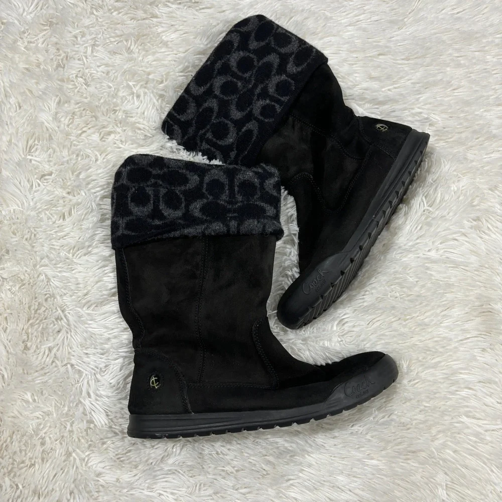 Coach Tatum Black Wool & Suede Leather Winter Boots Size 7.5 - Picture 1 of 10